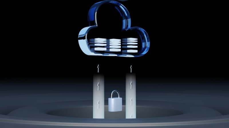 Illustration of secure cloud storage with lock icons, shield symbols, and educational elements